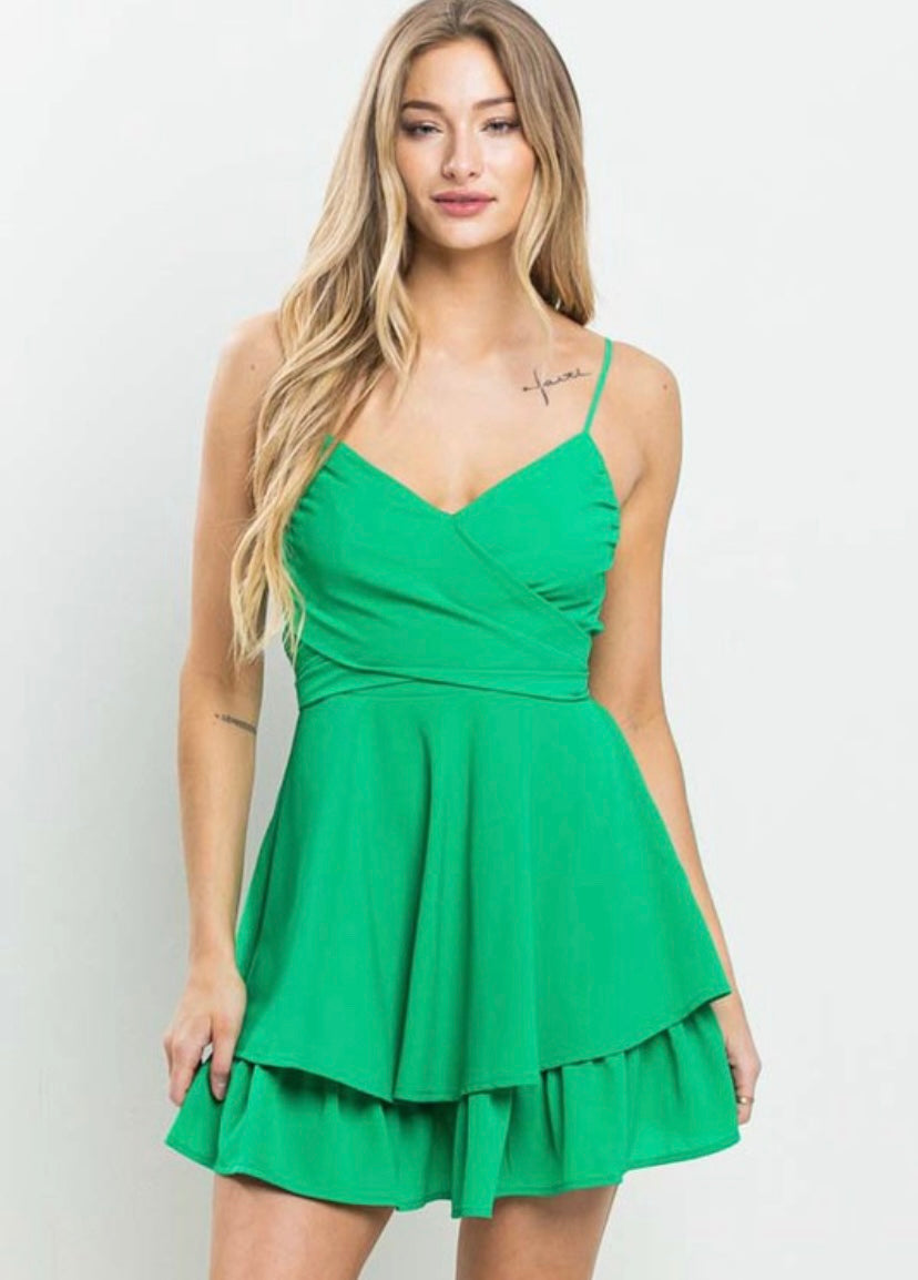 Cross-pleated Spaghetti Strap Chiffon Dress Dark Green