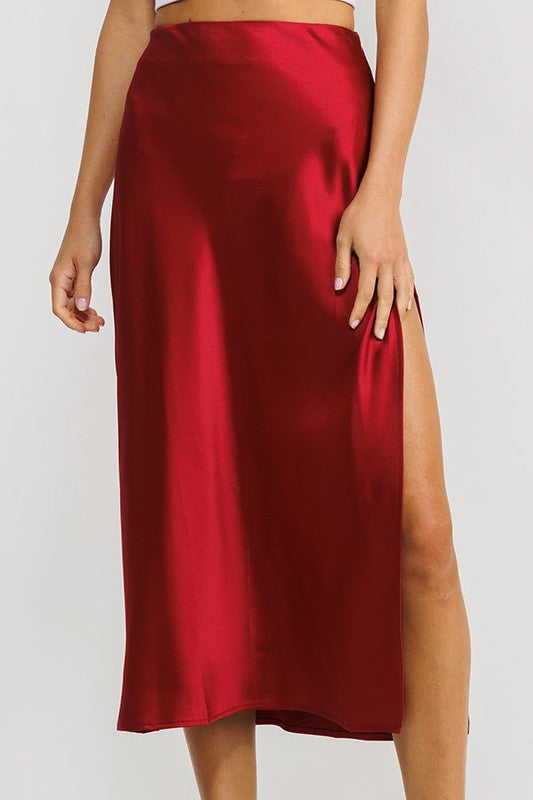 Burgundy High Slit Satin Midi Skirt – MODALIER