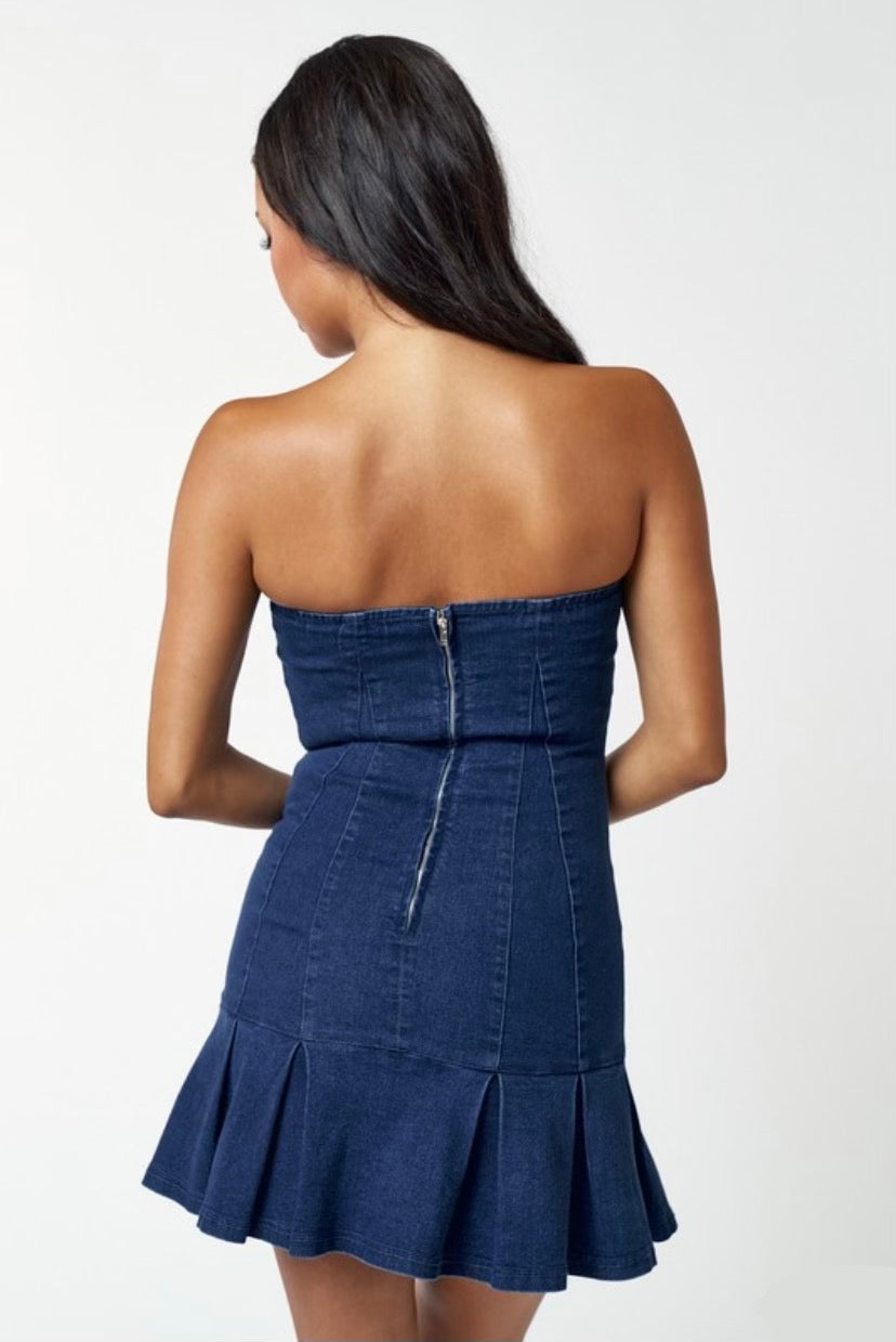 Denim Strapless Pleated Dress