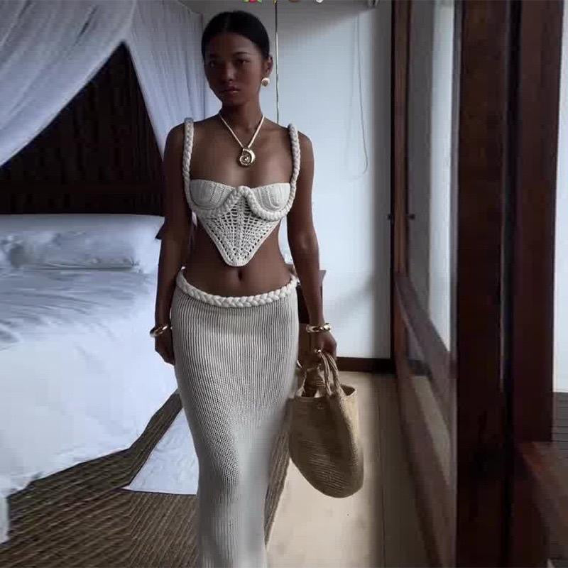 White Crochet Crop Top And Long Skirt Set
