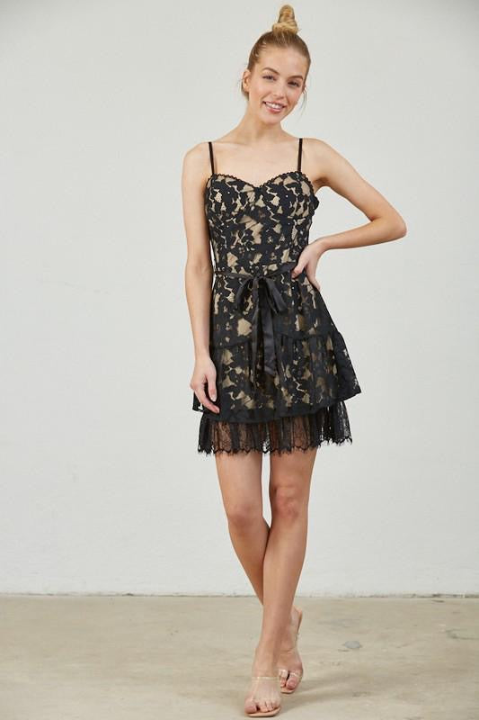 Cream and black tulle ruffle adjustable short dress