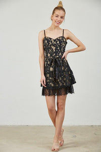 Cream and black tulle ruffle adjustable short dress