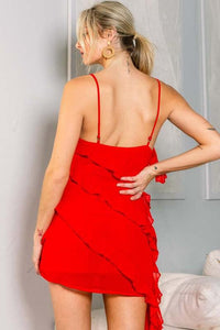 Hot red v cut ruffle short dress