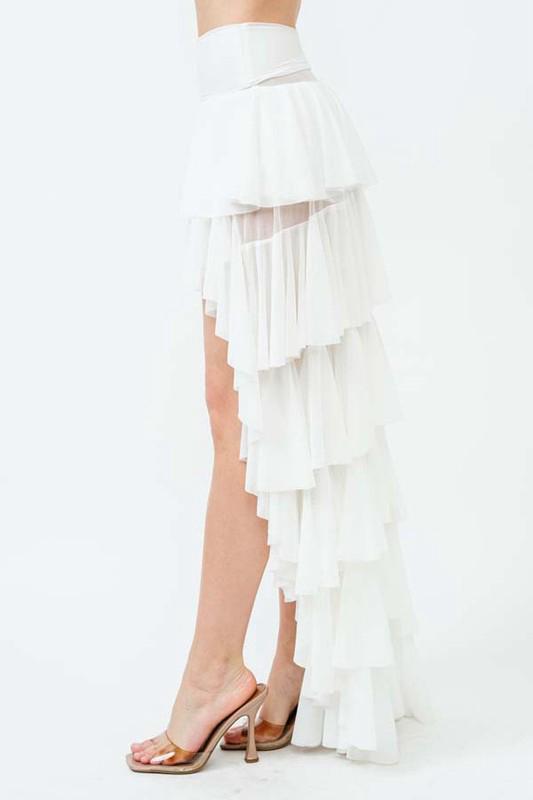 White Ruffle High Low Maxi Skirt