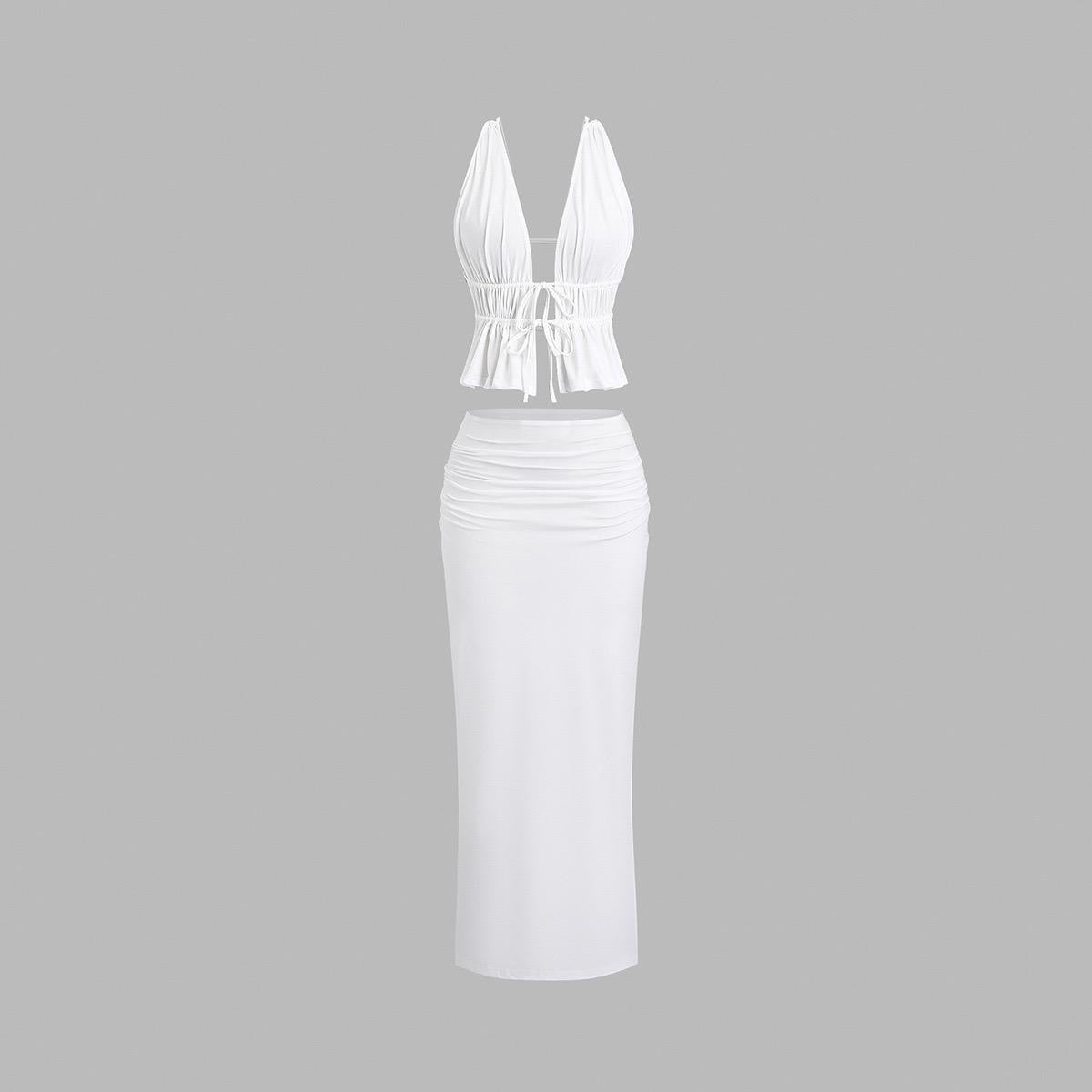 White cut out v skirt set