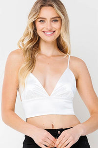 White Satin V Neck Crop Top