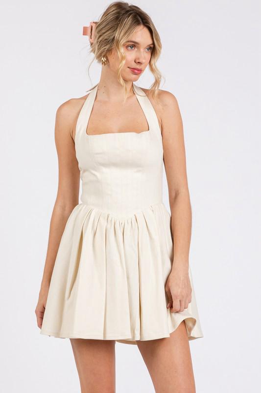 Beige Halter Open Back Short Dress
