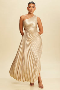 Red Pleated Glitter Asymmetric Long Dress