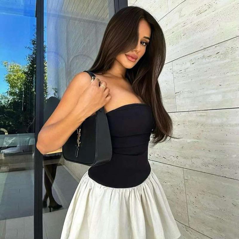 Strapless Black Top Beige Skirt Short Dress