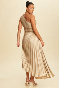Red Pleated Glitter Asymmetric Long Dress