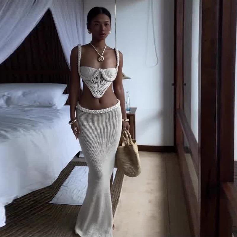 White Crochet Crop Top And Long Skirt Set