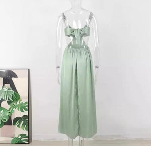 Sage Rosette Satin Long Dress