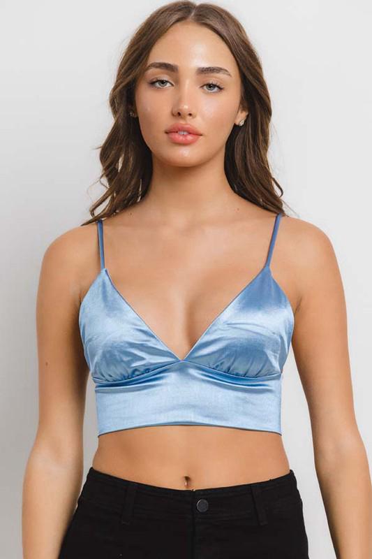 Light Blue Satin V Neck Crop Top