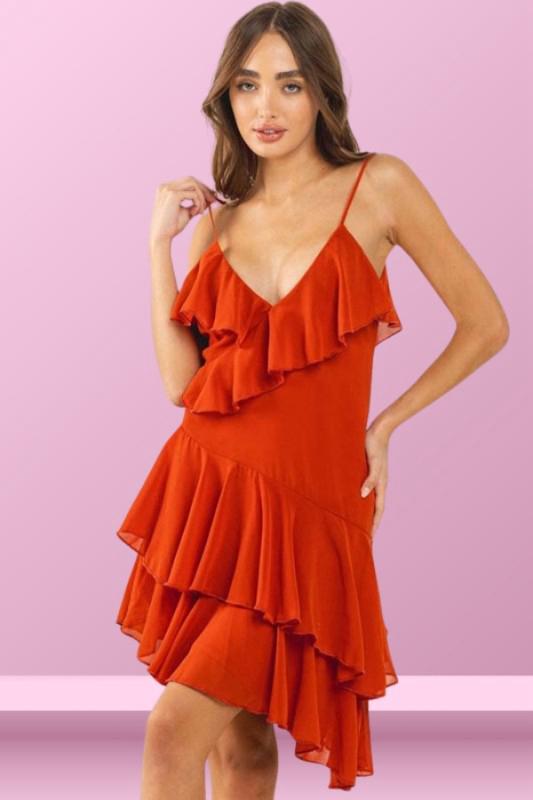 Red v cut ruffle dress