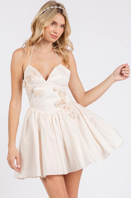 Beige V Neck Floral Details Short Dress