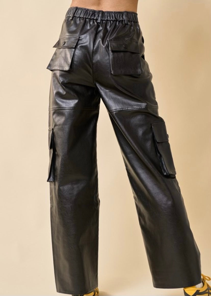 Black Faux Leather Cargo Pant