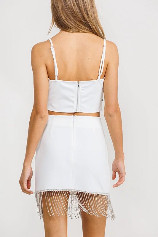 White Rhinestone Fringes Skirt
