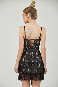 Cream and black tulle ruffle adjustable short dress