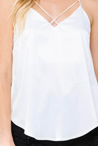 Double V Neck Satin White Blouse