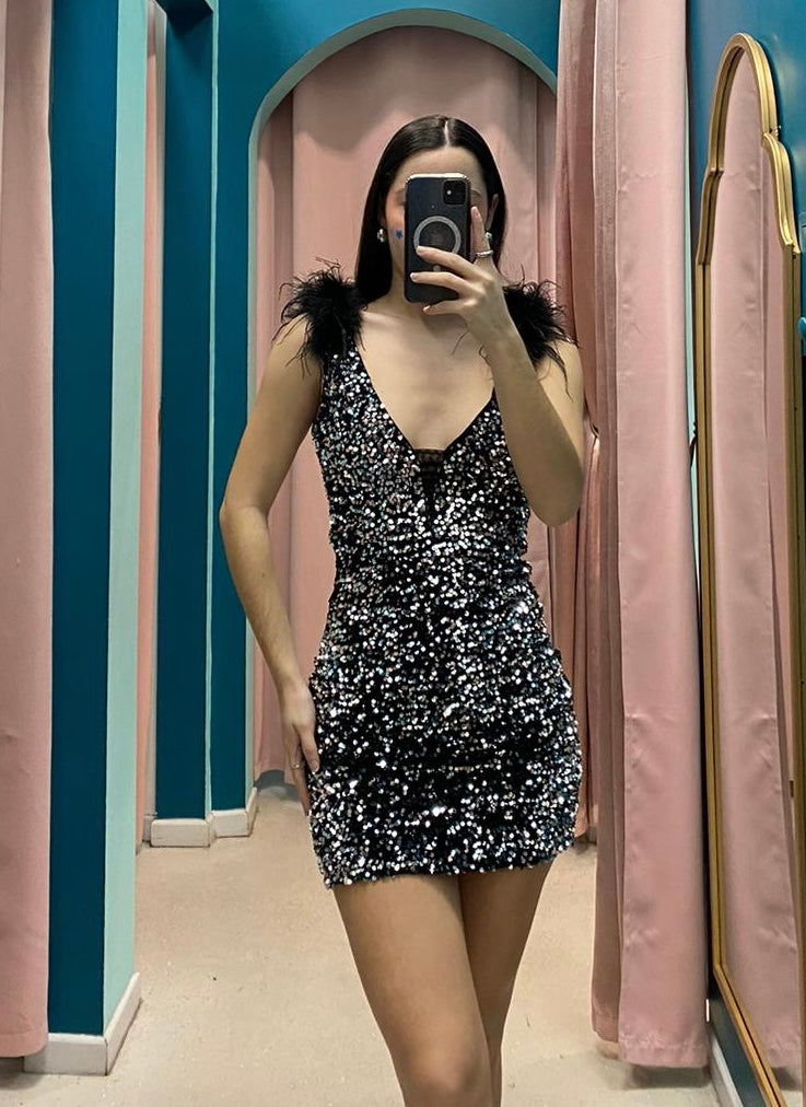 Black / Silver Sequins & Feathers Mini Dress MODALIER Black / Silver Sequins & Feathers Mini Dress MODALIER