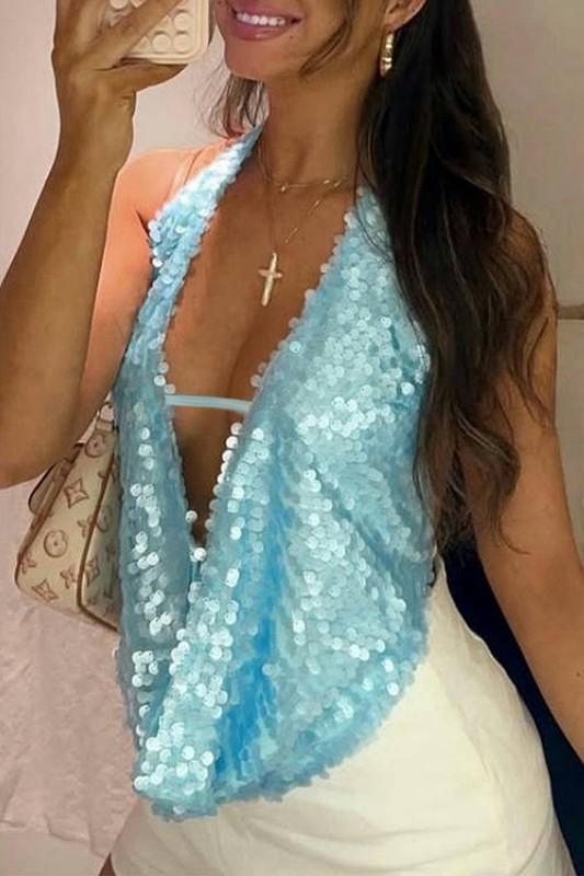 Baby blue sequins v neck top