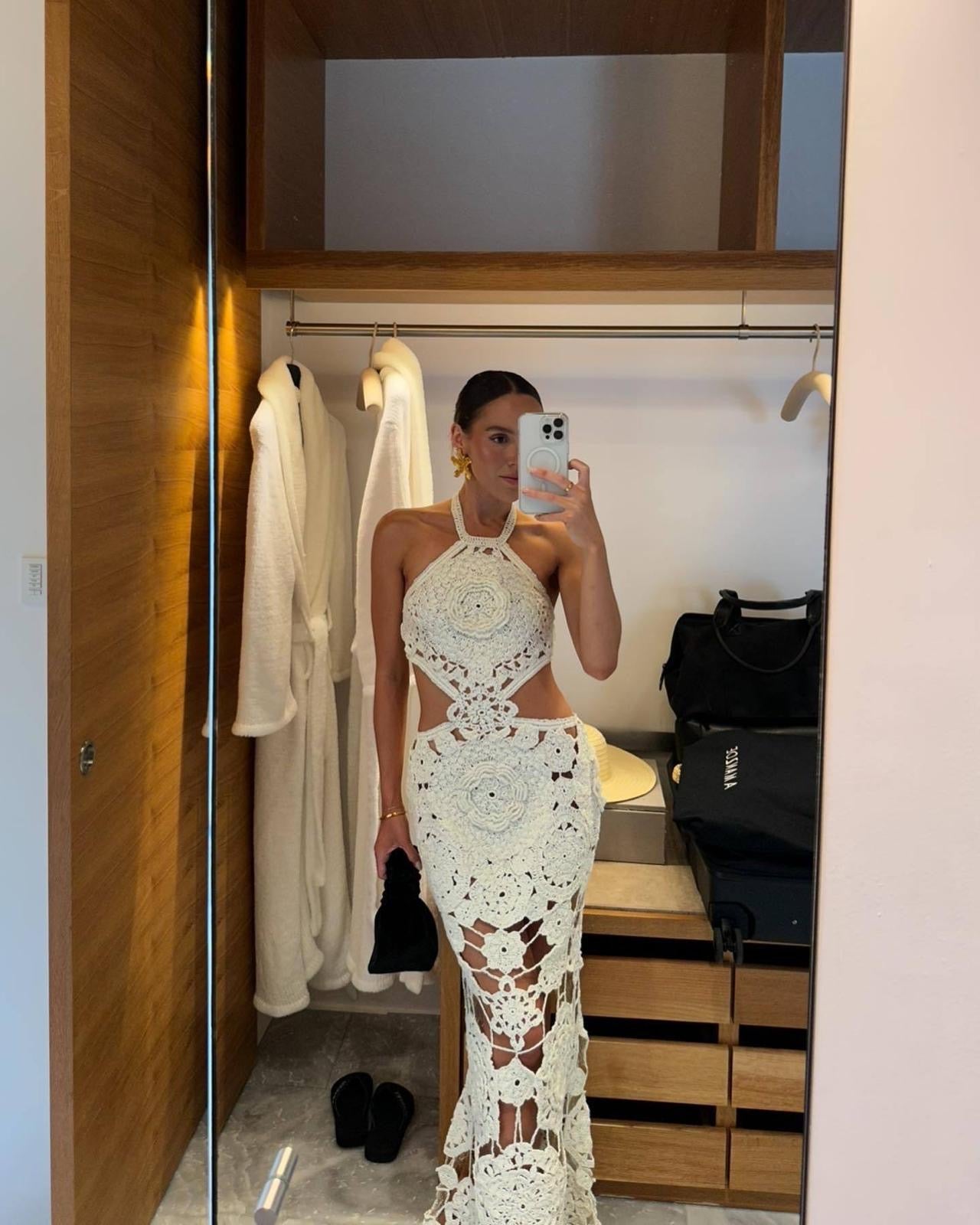 White haltered flower knitted  long dress