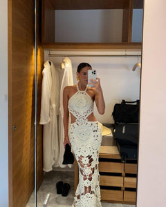 White haltered flower knitted  long dress