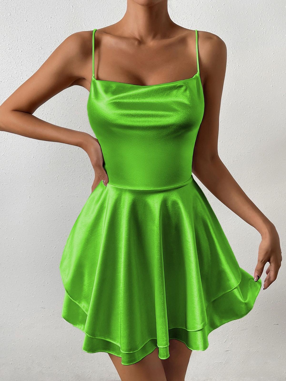 Spaguetti Straps Light Green Satin Short Dress