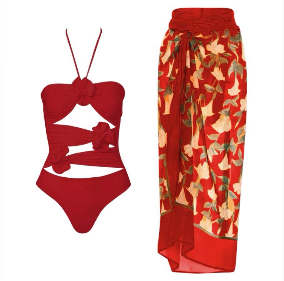 Red Roses And Wrap Skirt Set