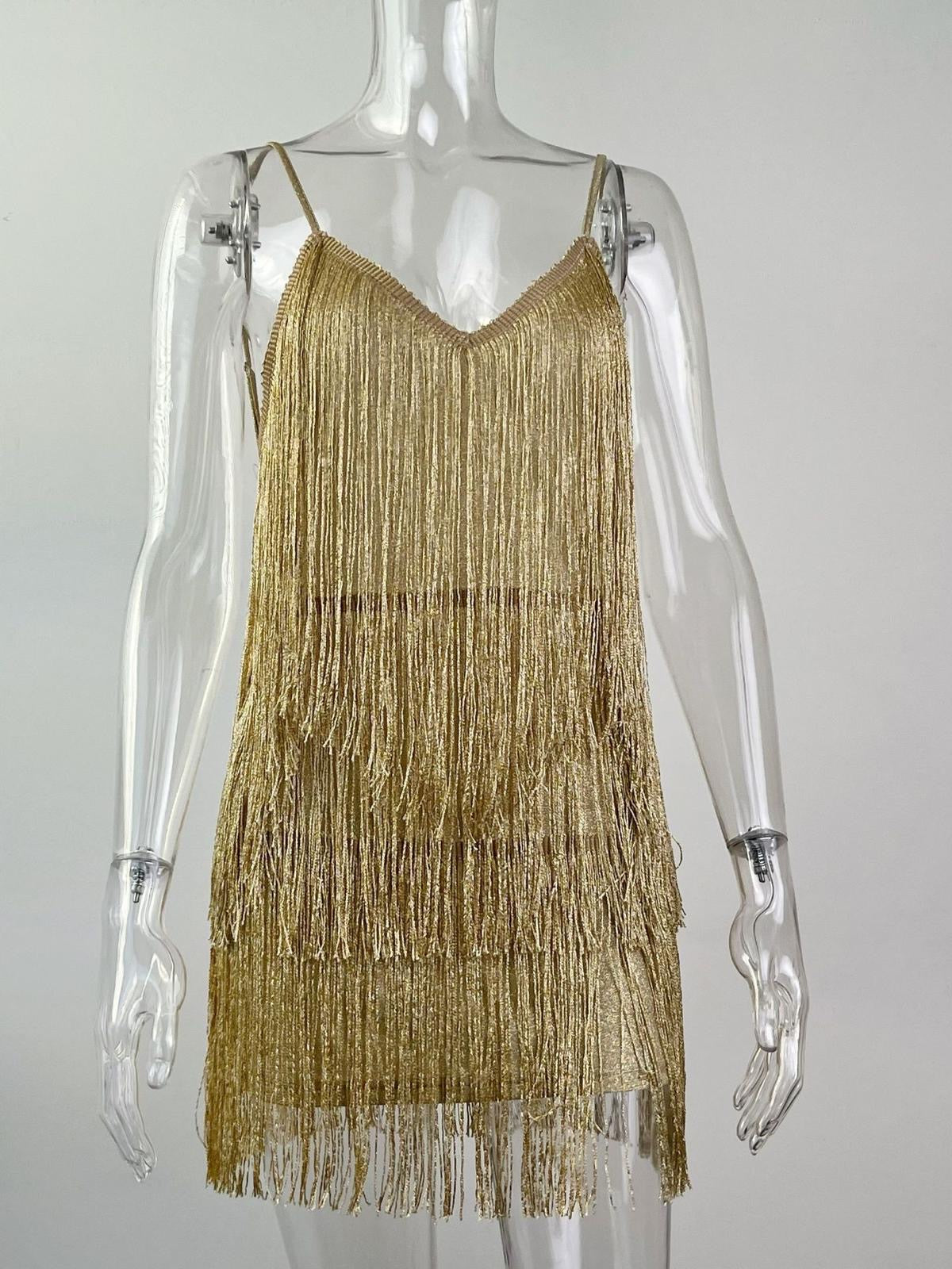 Gold fringes glitter backless short dress