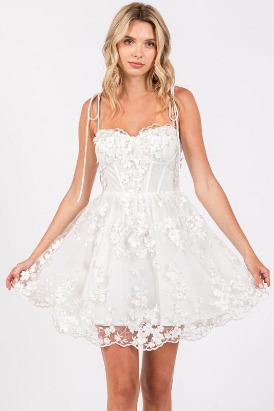 White Floral Embroidered Short Dress