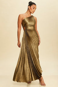 Red Pleated Glitter Asymmetric Long Dress