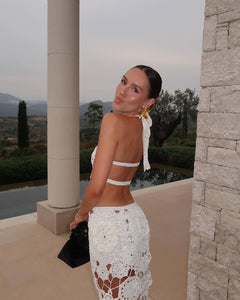 White haltered flower knitted  long dress