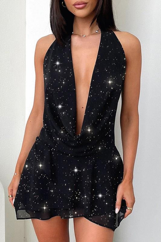 Black Sparkly Cowl Neck Mini Dress