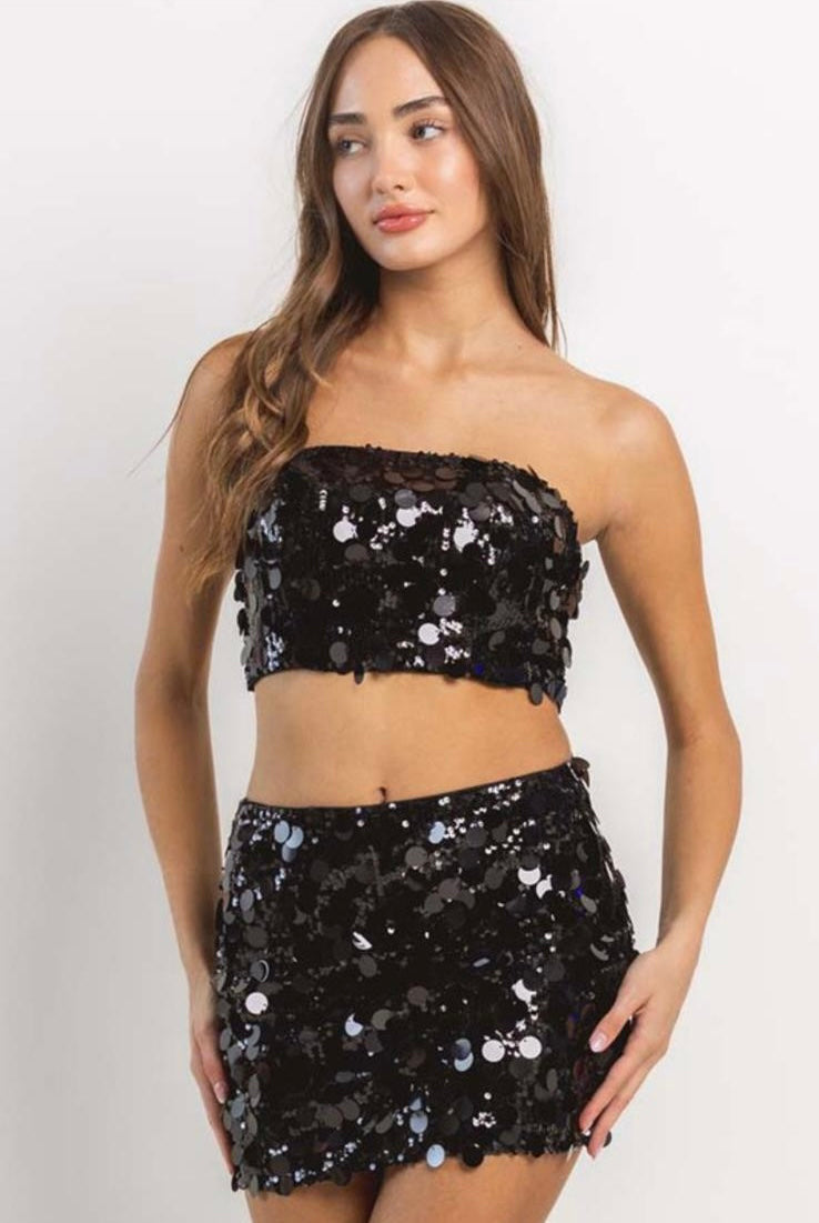Black Sequins Top & Skirt Set