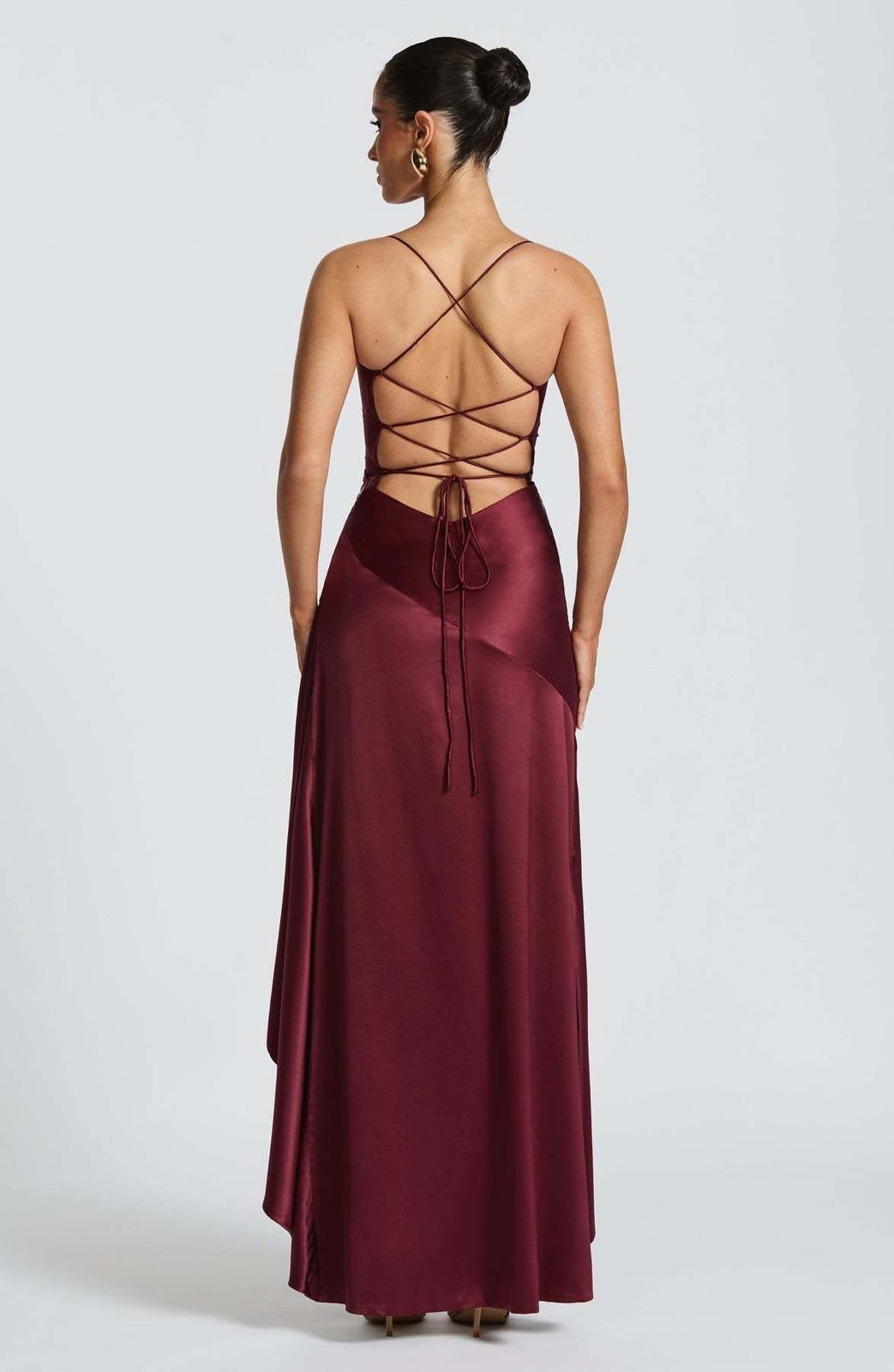 Burgundy Satin Long Dress With Ruffled Slit
