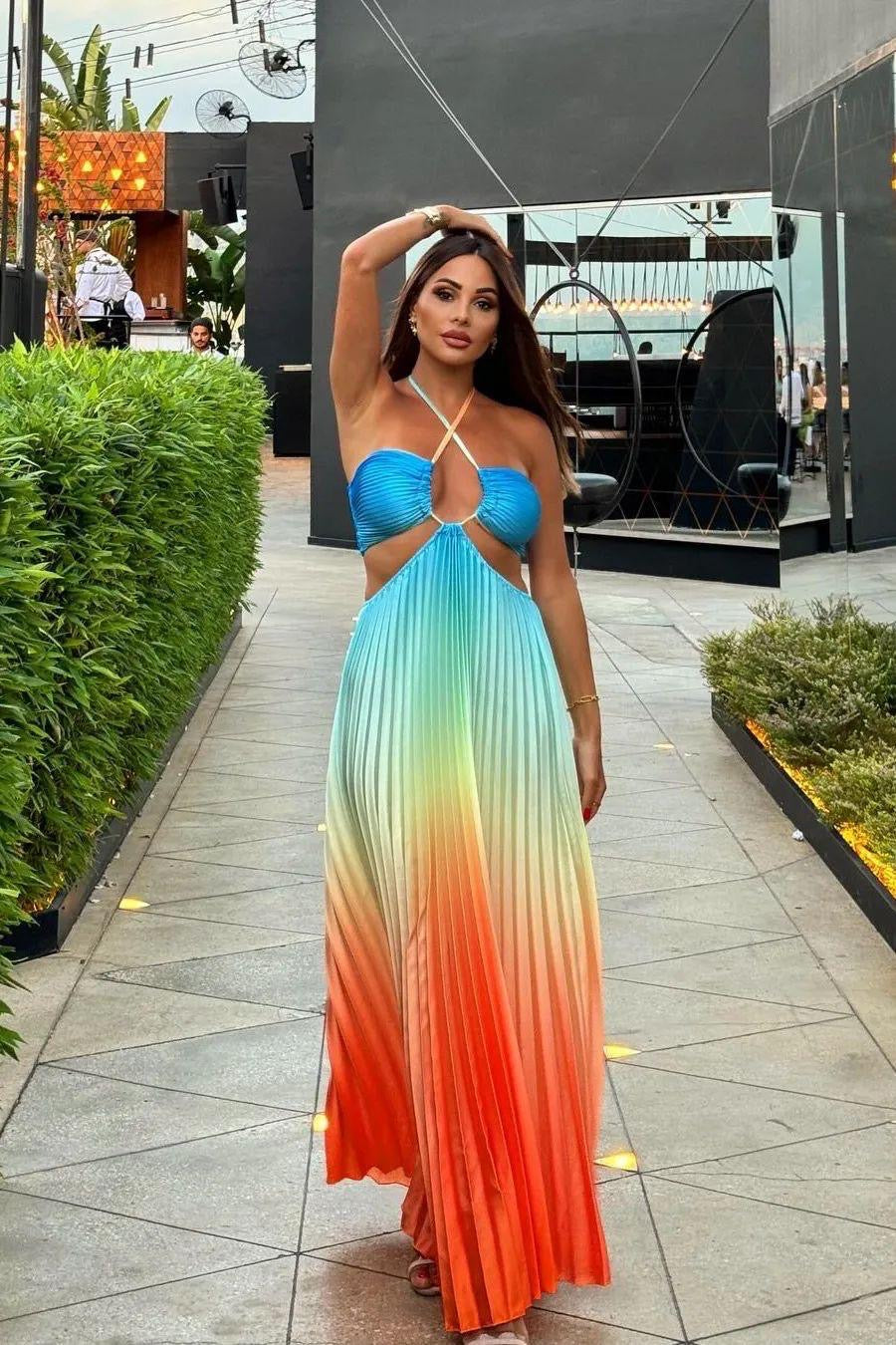 Colorful bright long pleated dress