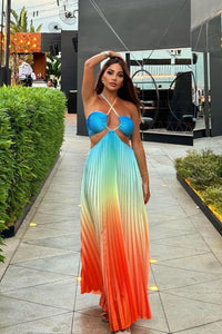 Colorful bright long pleated dress