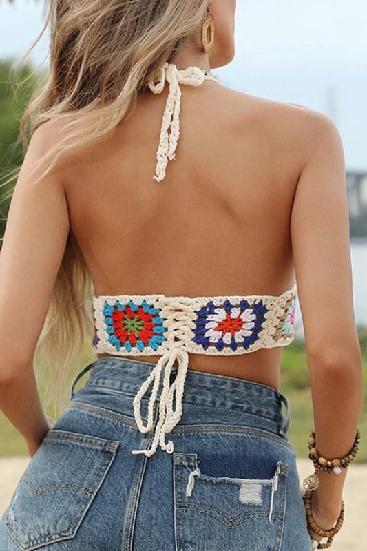 Crocheted halter top with open back