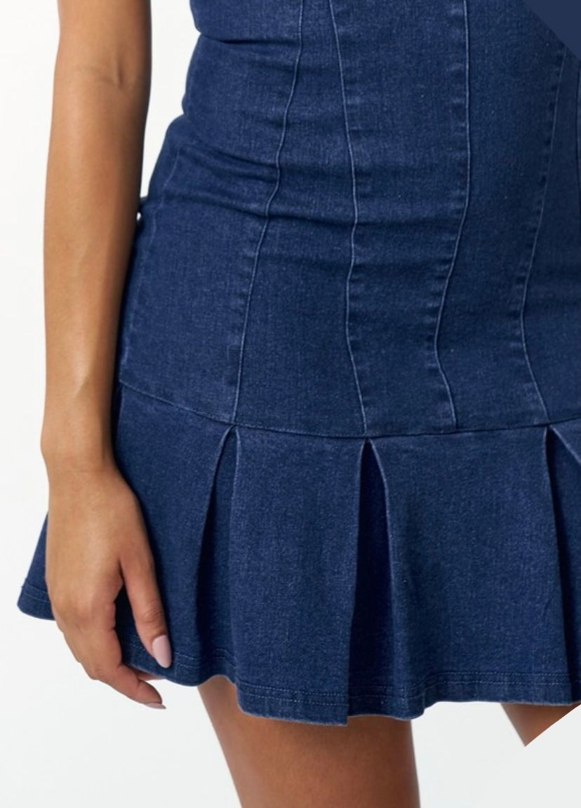 Denim Strapless Pleated Dress