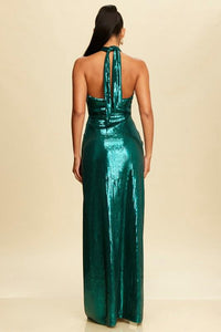 Green Sequins Halter Long Dress with slit