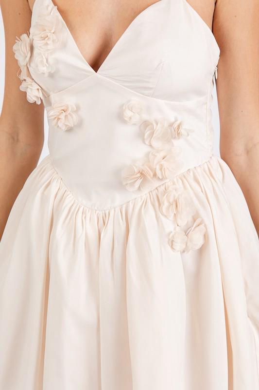 Beige V Neck Floral Details Short Dress