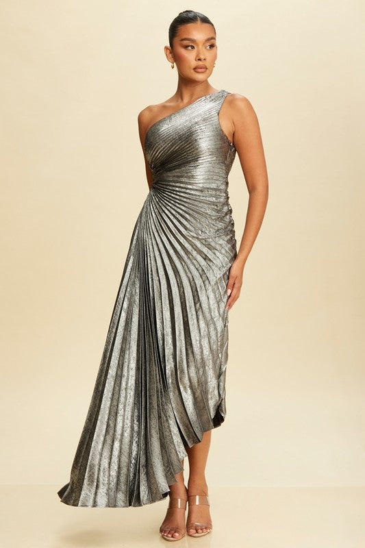 Red Pleated Glitter Asymmetric Long Dress