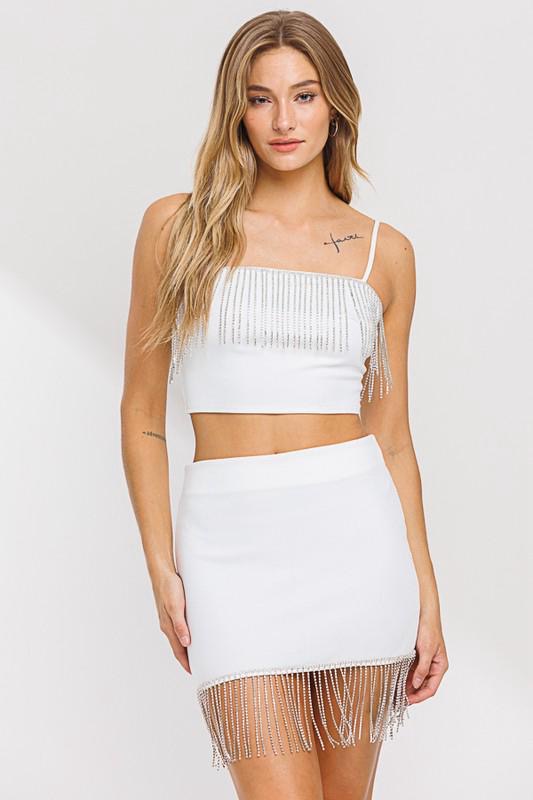 White Rhinestone Fringes Skirt
