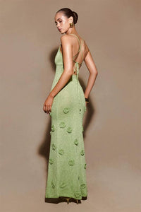 Green glitter flower knitted long dress