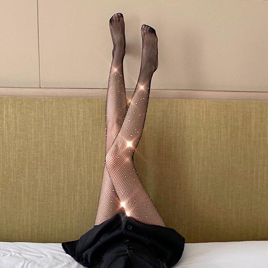 Black Rhinestones Fishnet Pantyhose