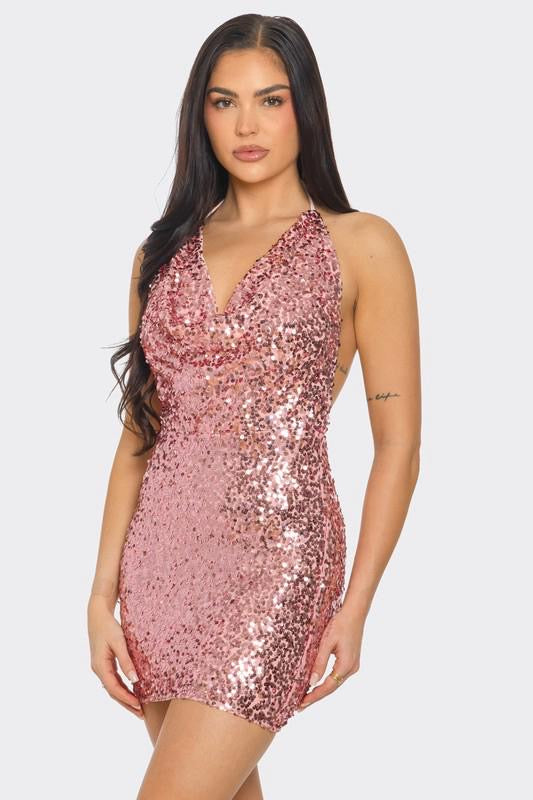 Rose Gold Sequins Cowl Neck Mini Dress MODALIER Rose Gold Sequins Cowl Neck Mini Dress MODALIER