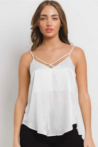 Double V Neck Satin White Blouse