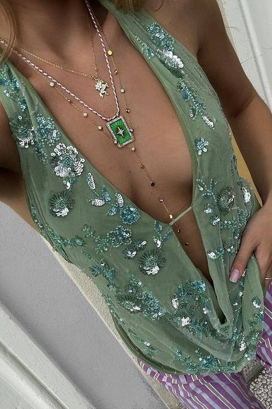 Green sequin flower v neck top