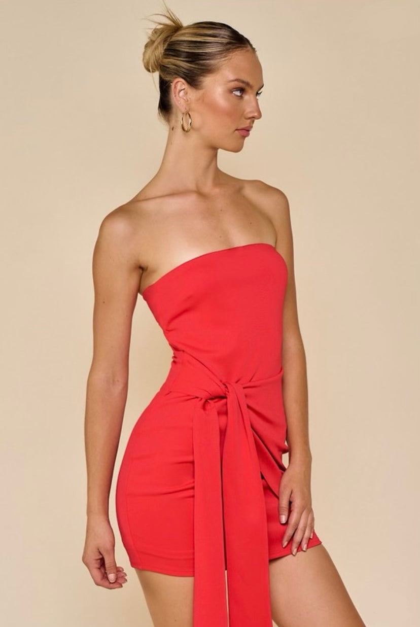 Red Wrap Around Strapless Dress